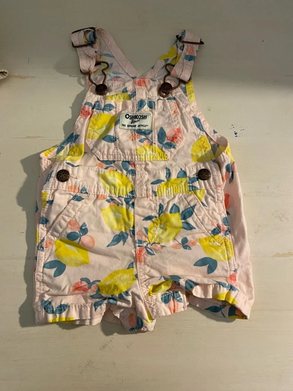 OshKosh B'gosh Pastel Pink Lemon-Print Short Overalls